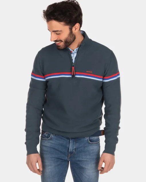 Baumwollpullover mit halbem Reißverschluss - Green Grey