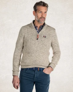 Beigefarbener Baumwollpullover mit halbem Reißverschluss - Sahara Sand