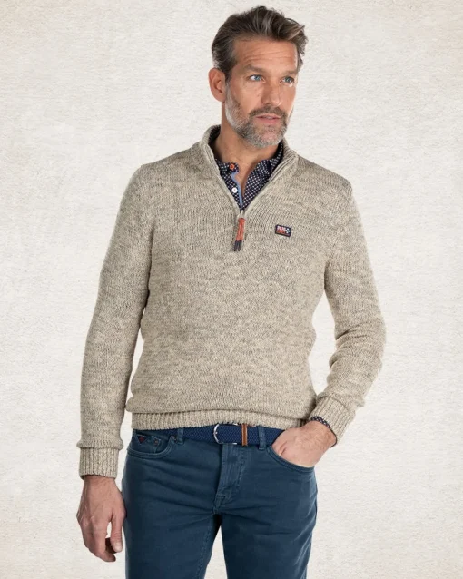 Beigefarbener Baumwollpullover mit halbem Reißverschluss - Sahara Sand