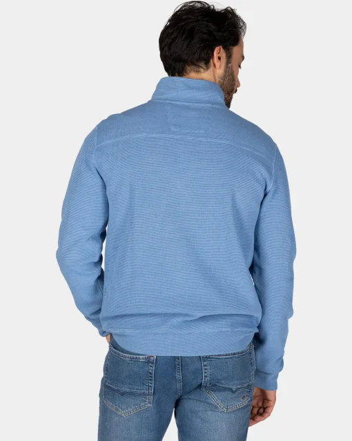 Blauer Pullover aus Baumwolle mit halbem Reißverschluss