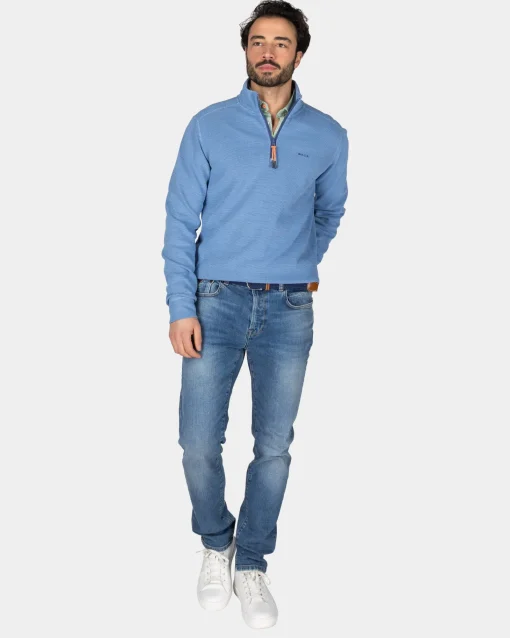 Blauer Pullover aus Baumwolle mit halbem Reißverschluss