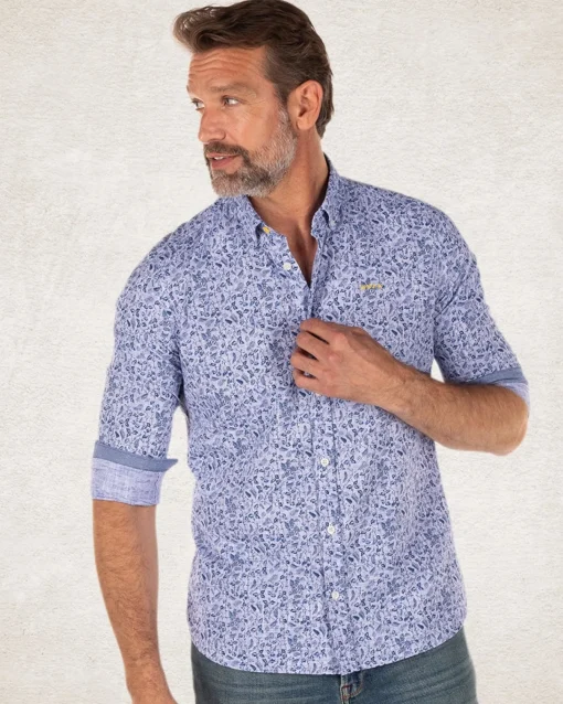 Blaues Baumwollhemd mit Blumendruck