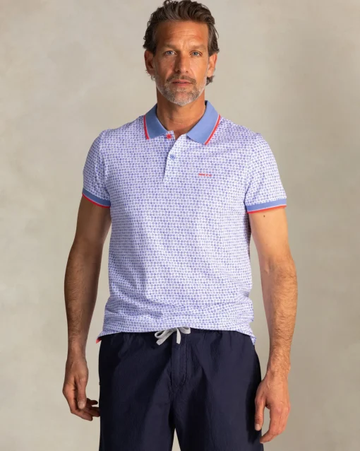 Blaues Baumwoll-Poloshirt mit grafischem Print
