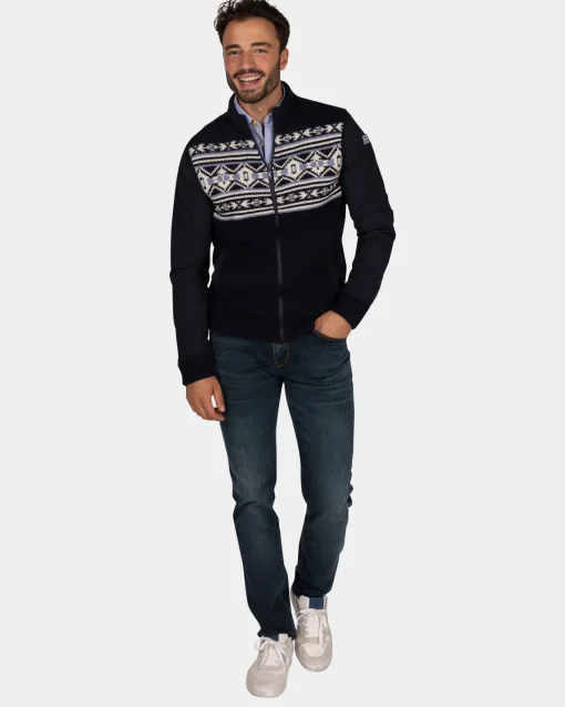Dunkelblaue Strickjacke mit weiß-blauem Muster - Winter Navy
