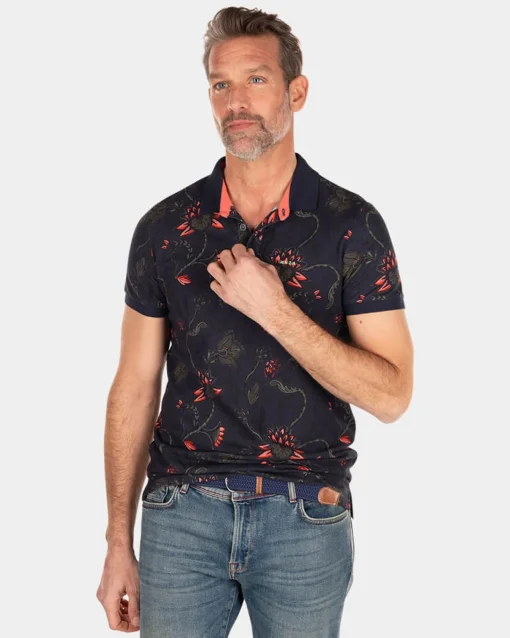 Dunkelblaues Poloshirt mit Blumendruck - Traditional Navy