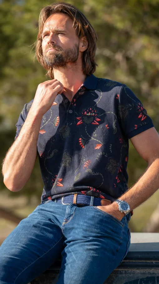 Dunkelblaues Poloshirt mit Blumendruck - Traditional Navy