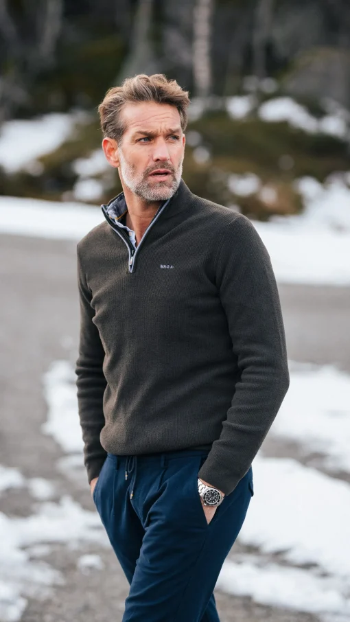 Dunkelbrauner Chenille-Pullover mit halbem Reißverschluss - Dark Mocca