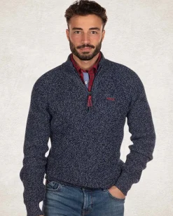 Einfarbiger Baumwollpullover mit halbem Reißverschluss - Bright Water Blue
