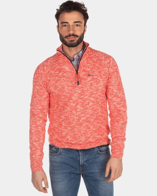 Einfarbiger Pullover mit halbem Reißverschluss - Orange Red
