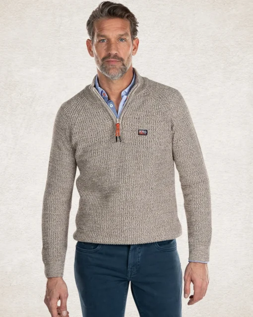 Einfarbiger Pullover mit halbem Reißverschluss - Sahara Sand