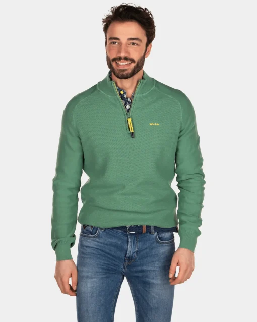 Einfarbiger Pullover mit halbem Reißverschluss aus Baumwolle - Active Army