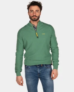 Einfarbiger Pullover mit halbem Reißverschluss aus Baumwolle - Active Army