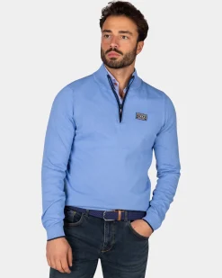 Feinstrick blauer Pullover mit halbem Reißverschluss - Frozen Blue