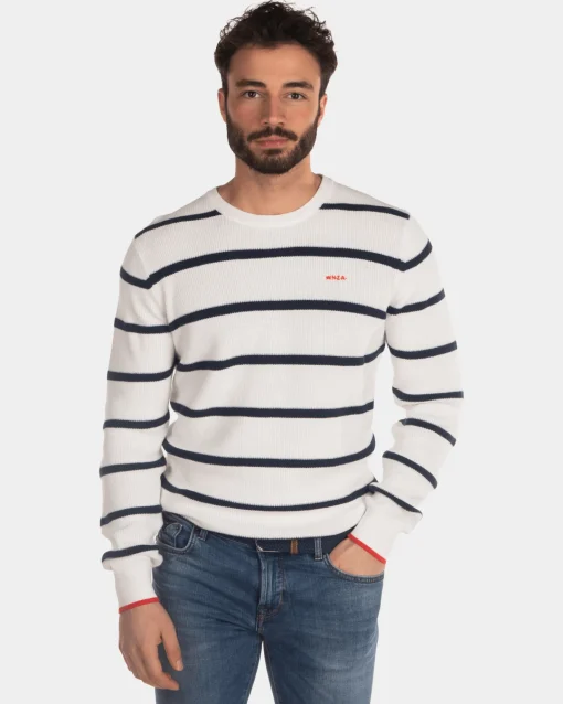 Gestreifter Pullover mit Rundhalsausschnitt ecru schwarz - Dusty Ecru