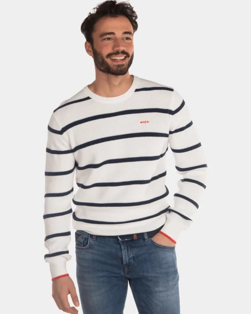 Gestreifter Pullover mit Rundhalsausschnitt ecru schwarz - Dusty Ecru