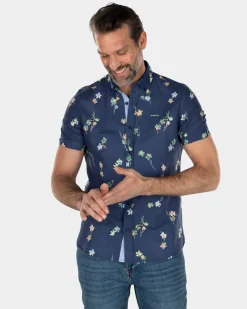 Kurzärmliges Leinen-Baumwollhemd mit Blumendruck - Key Navy