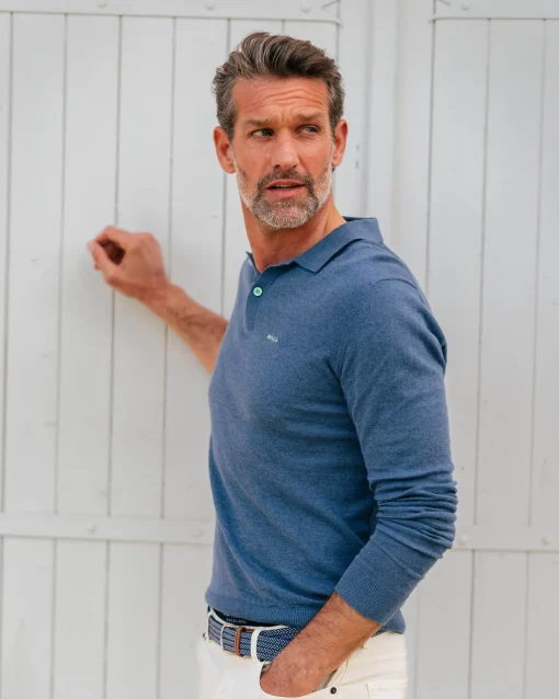 Langarm-Poloshirt aus marineblauer Baumwolle
