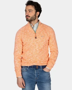 Oranger Baumwollpullover mit halbem Reißverschluss