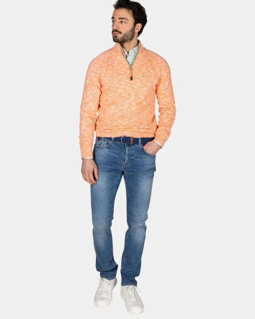 Oranger Baumwollpullover mit halbem Reißverschluss