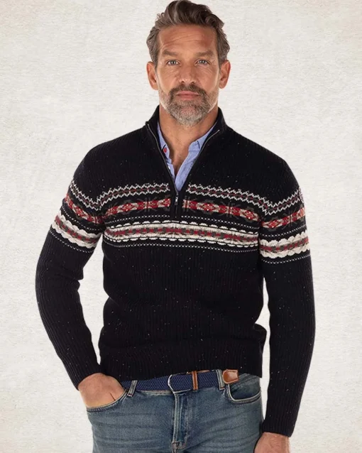 Pullover mit halbem Reißverschluss aus Baumwolle und Wolle - Pitch navy