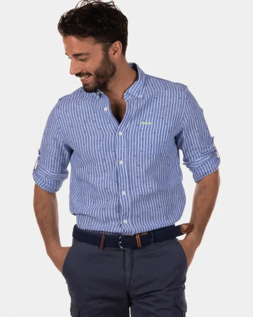 Rotonuiaha gestreiftes Leinenhemd - Chinese Blue